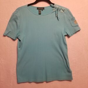 Lauren Ralph Lauren M Top Ribbed Knit Lace Up Shoulder Crest Turquoise Preppy
